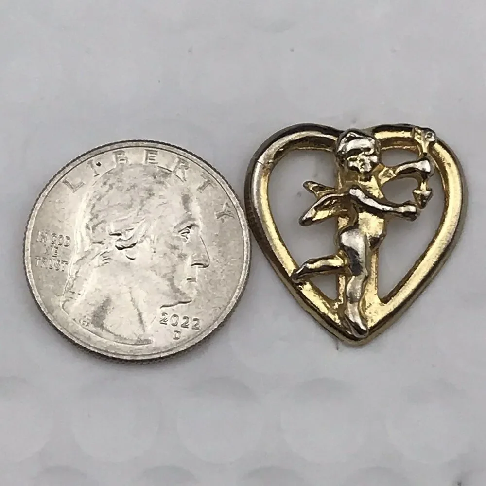 Gold Toned Pin Brooch Cupid Cherub Heart Embossed 3D Design Romantic Vintage
